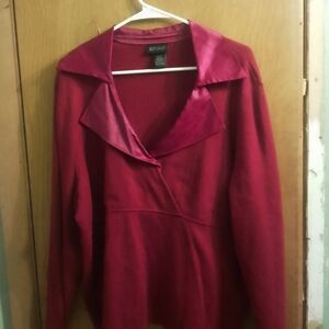 Elegant Red Women's Lane Bryant Long Sleeve Stretch Knit  Top with Satin Collar
